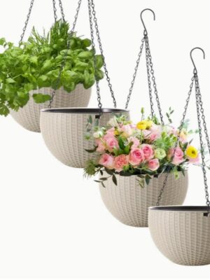 กระถางพลาสติกลายหวายพร้อมช่องระบายน้ำและตะขอแขวน