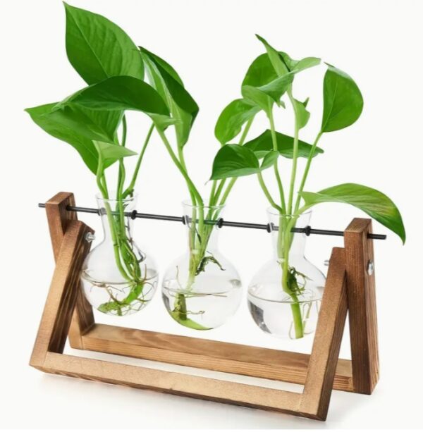 ขาตั้งไม้ 3 กระถางดอกไม้หลอดแก้ว